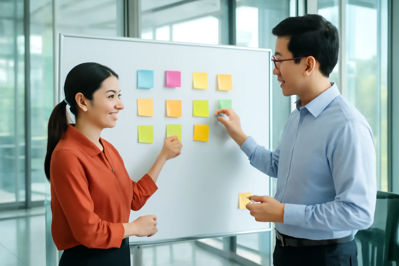 Hai người dán những tờ giấy nhớ trống lên tấm bảng trắng trong phòng họp để chia việc
