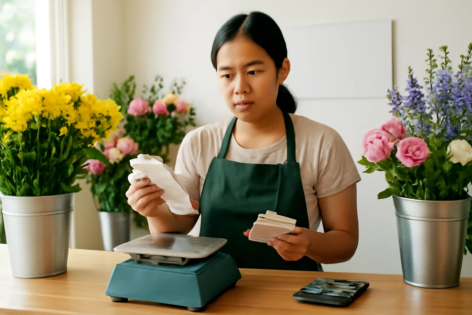Chủ tiệm hoa ngồi ở quầy so hai tập hoá đơn dày mỏng khác nhau với máy tính bỏ túi