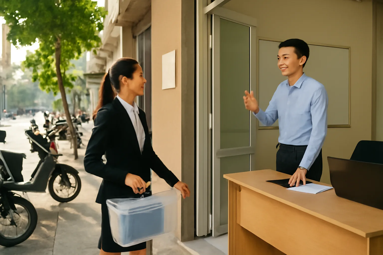 Chủ doanh nghiệp bước vào văn phòng kế toán nhỏ trên phố, ôm thùng hồ sơ, nhân viên đứng dậy đón