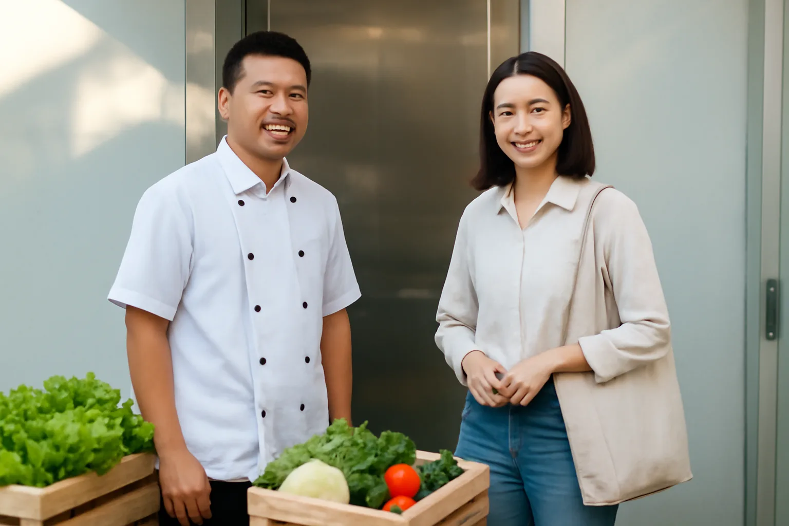 Chủ nhà hàng và kế toán dịch vụ trao đổi trong bếp sạch lúc nhận rau củ buổi sáng