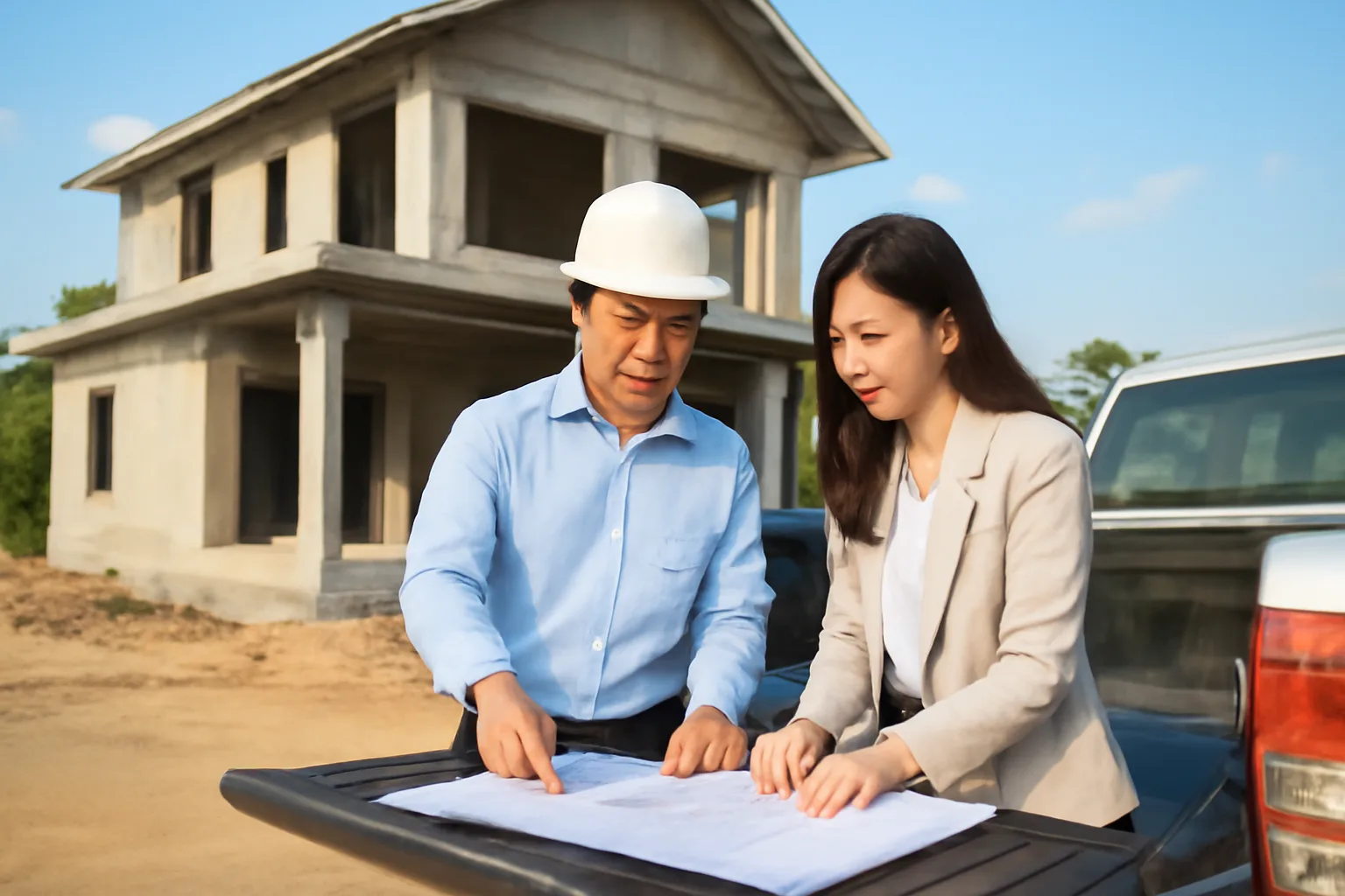 Giám đốc công ty xây dựng và kế toán xem bản vẽ cuộn trên nắp thùng xe bán tải tại công trường