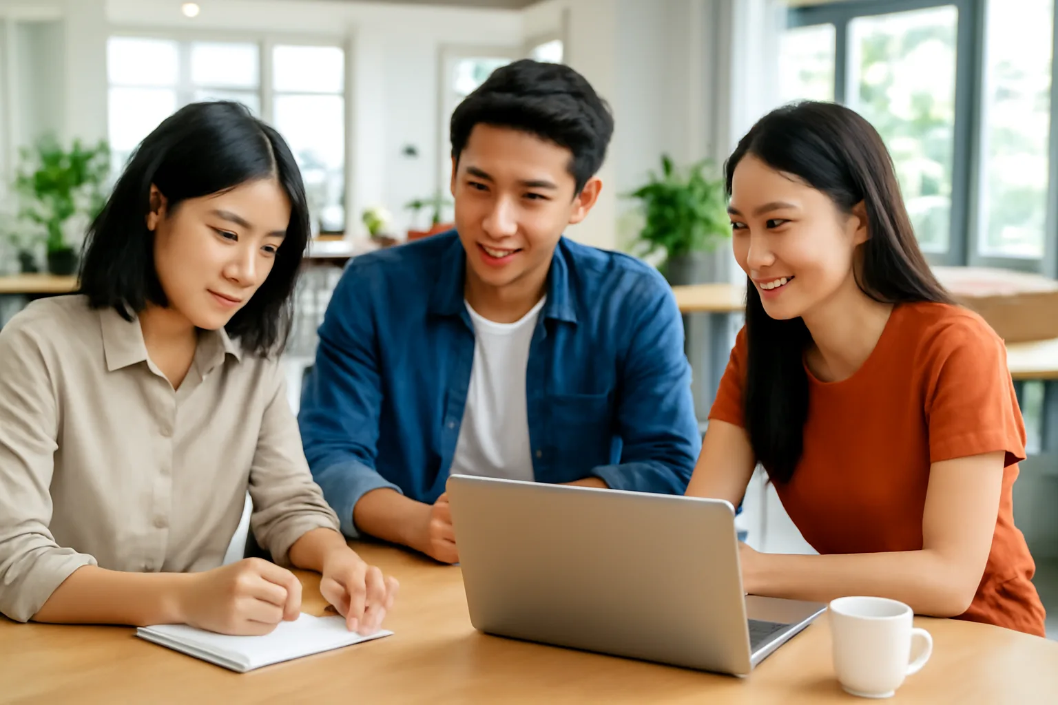 Ba người sáng lập trẻ trao đổi quanh bàn trong không gian làm việc chung buổi sáng