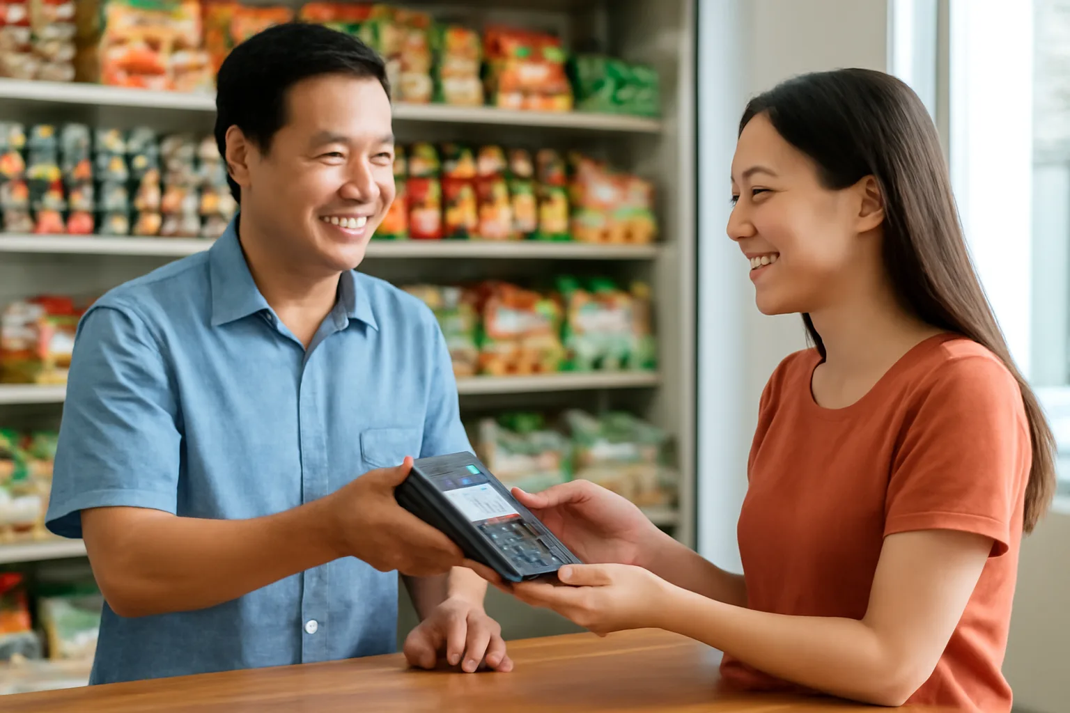 Chủ tiệm tạp hoá đứng sau quầy thanh toán với máy quẹt thẻ và máy in hoá đơn nhỏ, khách đang chờ