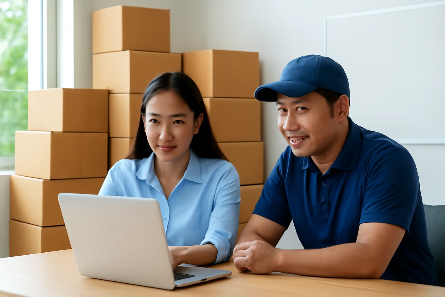 Kế toán và quản lý kho đứng cạnh máy tính xách tay trong văn phòng nhỏ của nhà kho có thùng hàng xếp cao