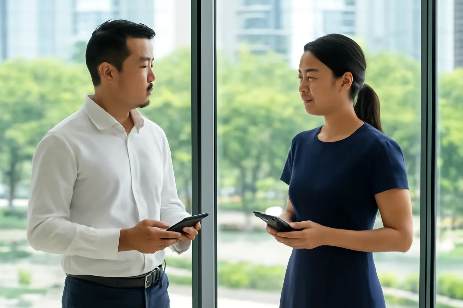 Giám đốc và kế toán trưởng đứng cạnh cửa sổ văn phòng, mỗi người cầm một điện thoại úp mặt