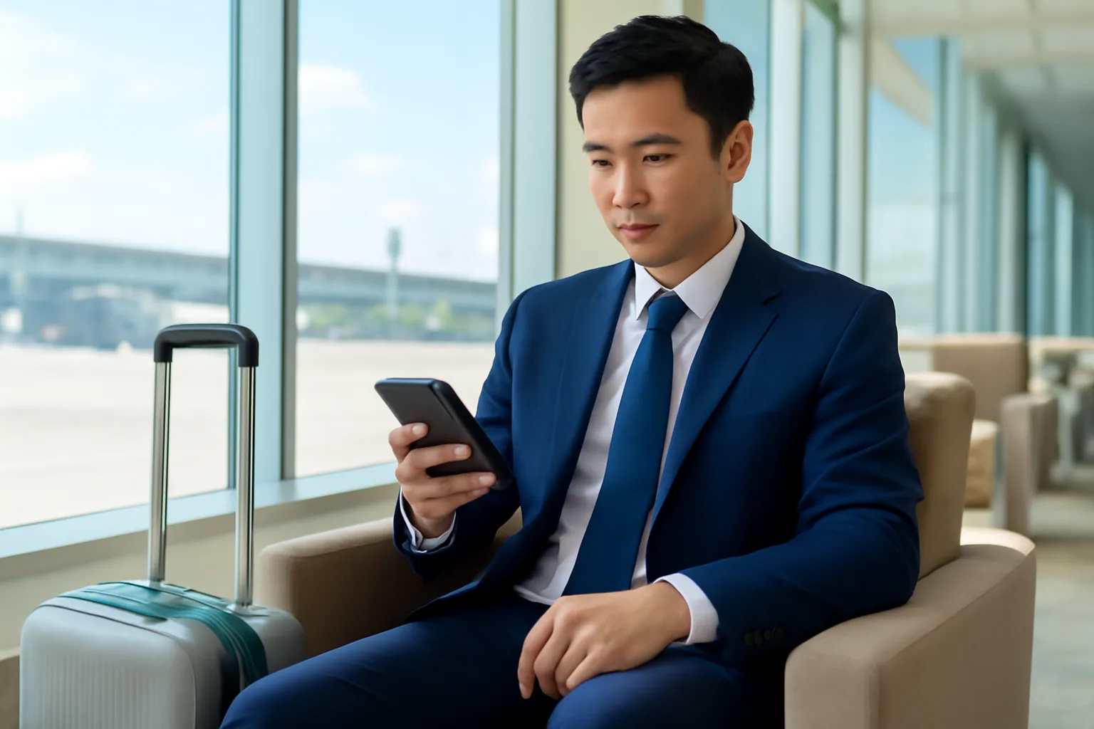 Doanh nhân ngồi ở phòng chờ sân bay xác nhận trên điện thoại, bên cạnh là vali kéo