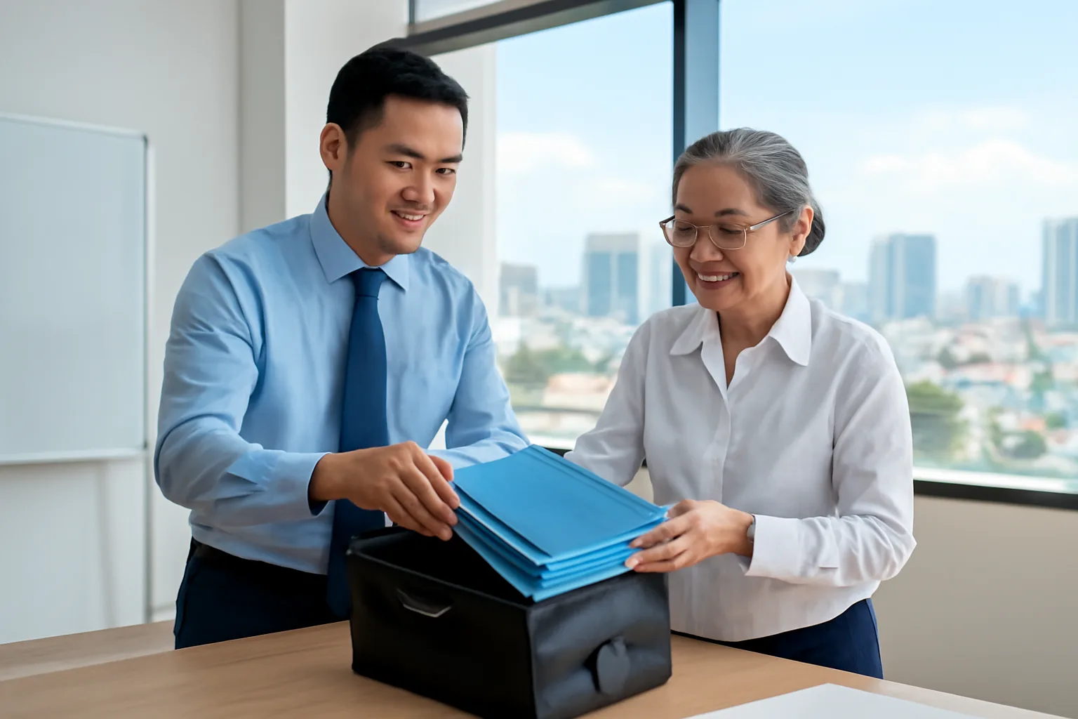 Chủ doanh nghiệp và kế toán trưởng thuê ngoài xếp tài liệu vào cặp da trước buổi gặp ngân hàng