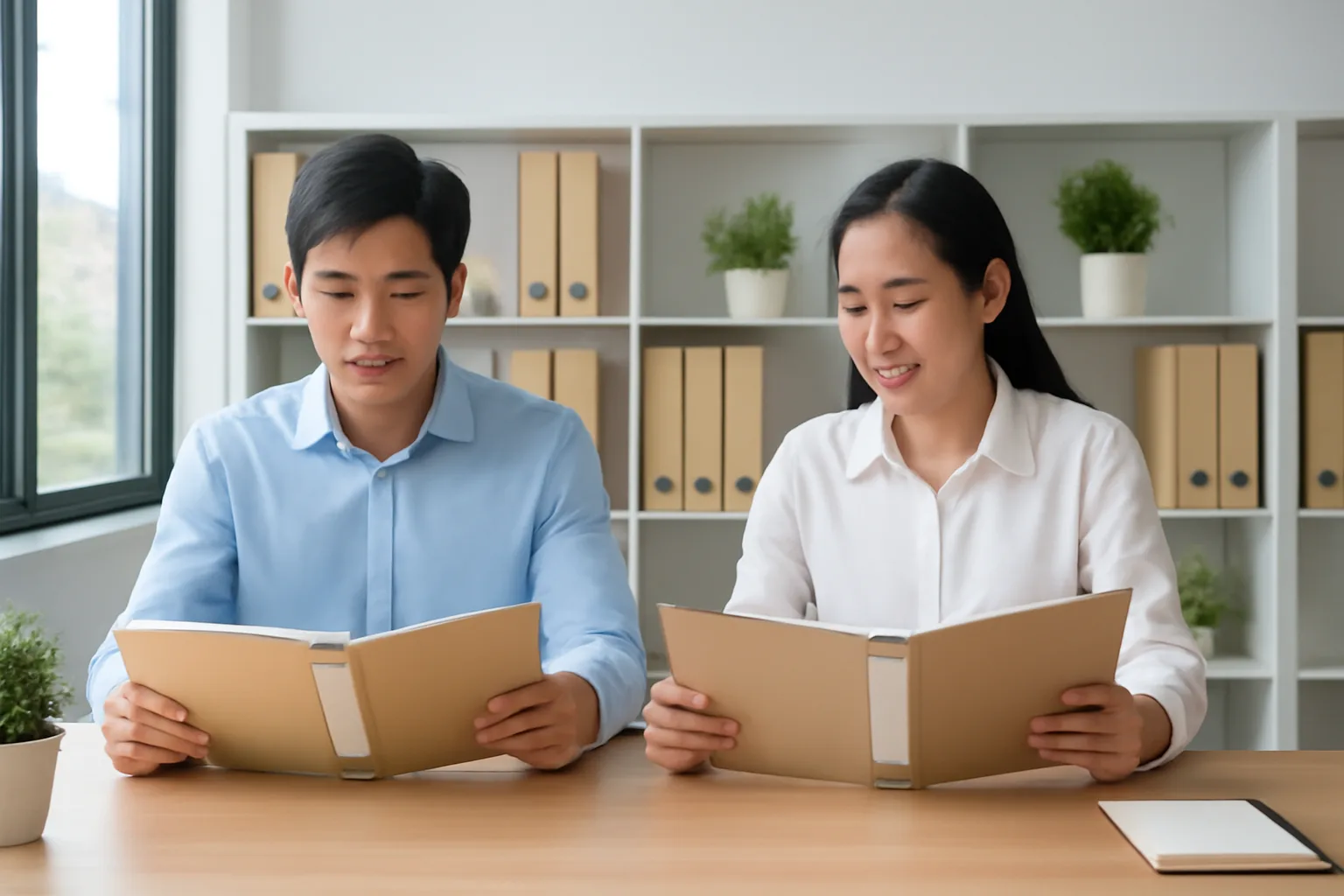 Kế toán mới tuyển ngồi cạnh nhân viên đơn vị dịch vụ, cùng rà các cặp tài liệu trong văn phòng công ty