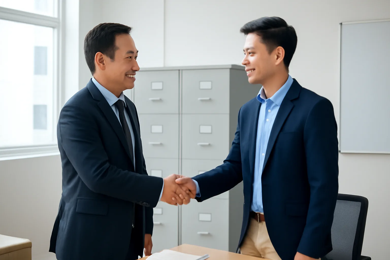 Giám đốc bắt tay kế toán trưởng mới trong văn phòng công ty, phía sau là tủ hồ sơ