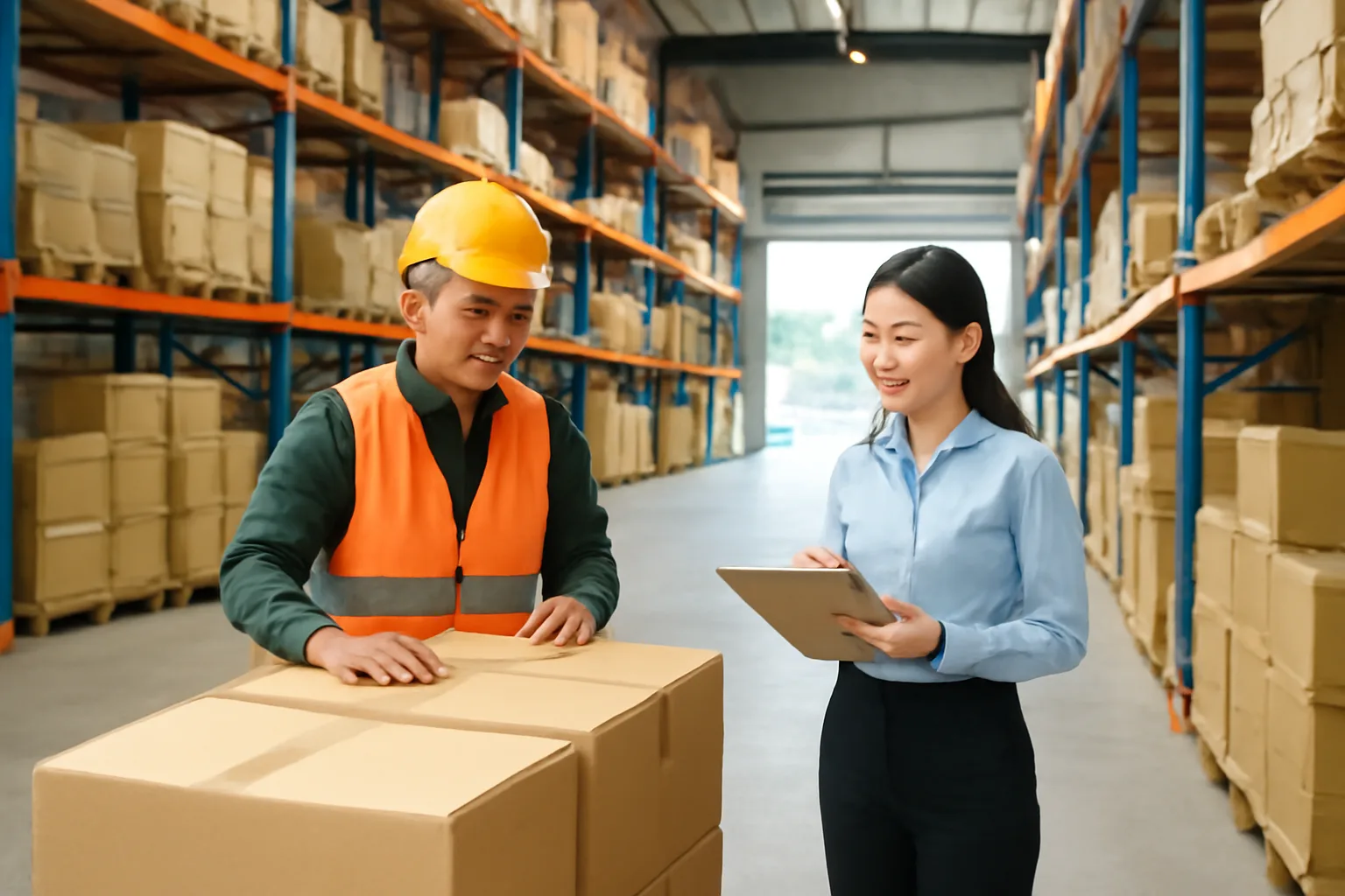 Thủ kho và kế toán dịch vụ cùng đếm thùng hàng giữa các dãy kệ trong kho phân phối