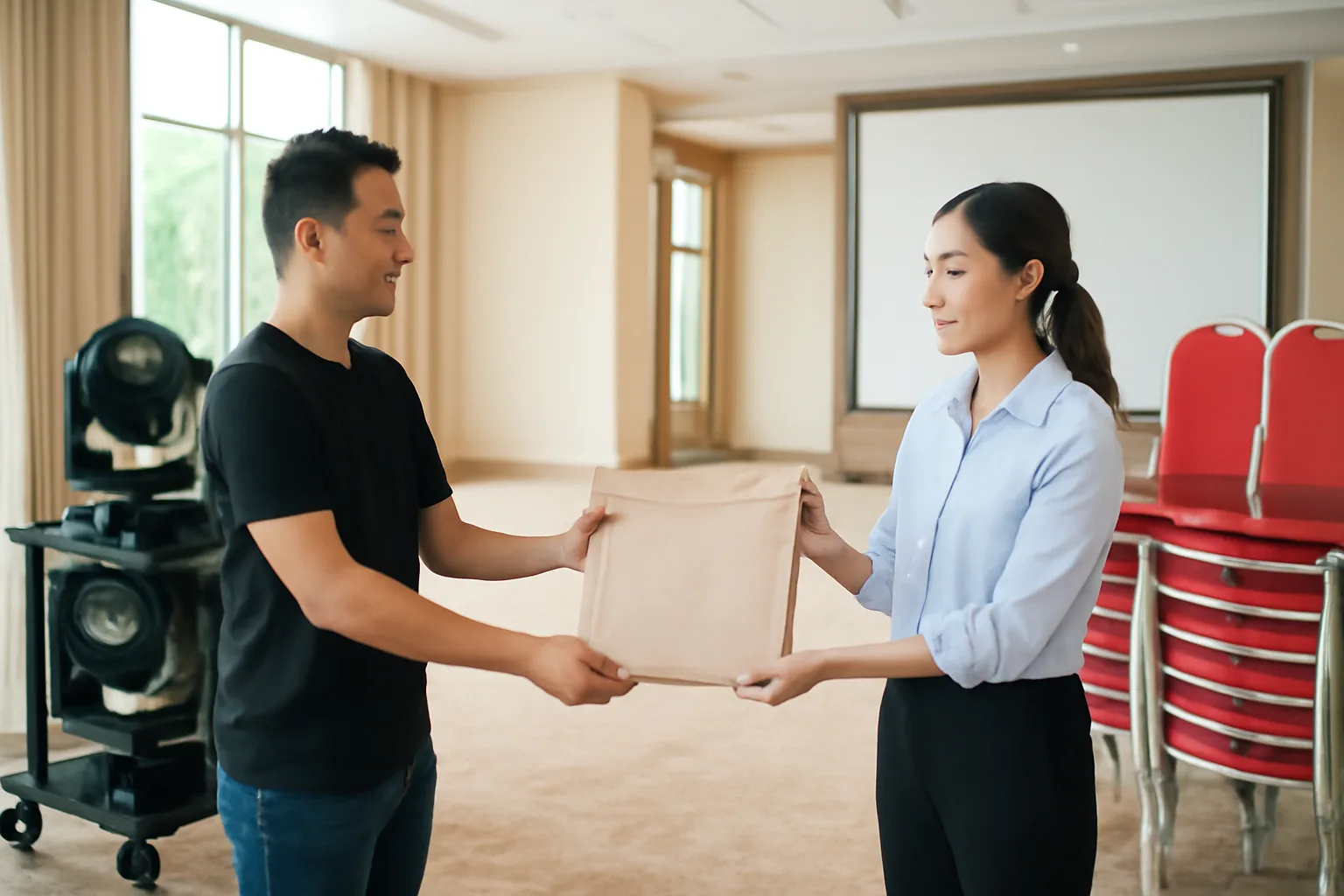 Nhóm tổ chức sự kiện thu dọn sân khấu sau chương trình, trưởng nhóm trao túi hồ sơ cho kế toán