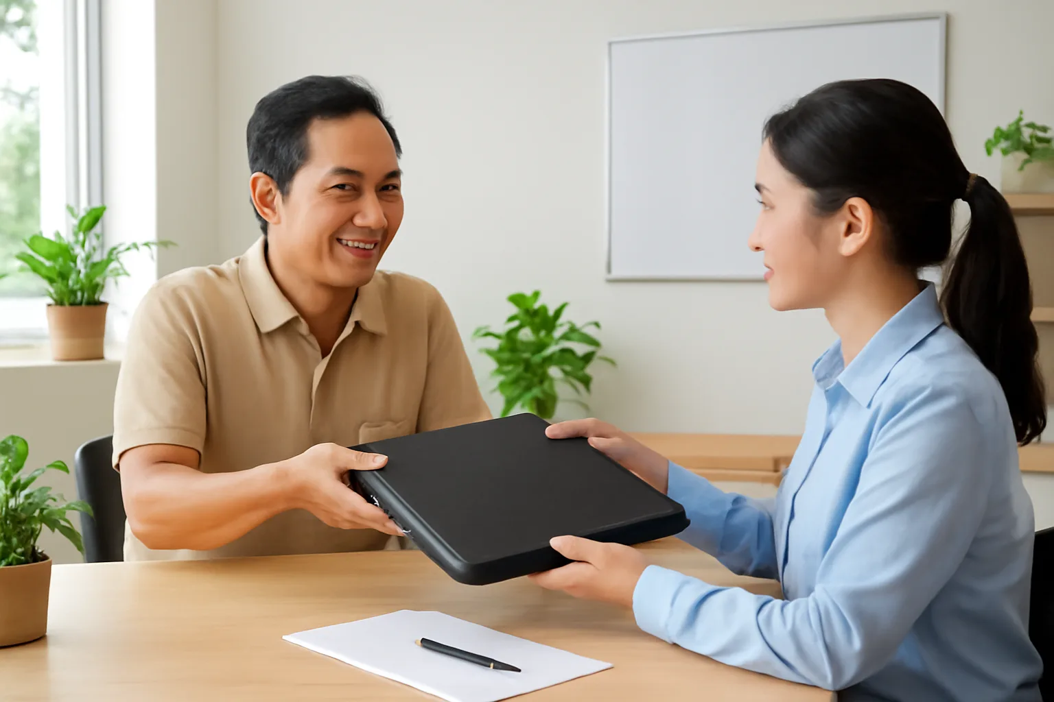 Chủ xưởng gỗ trao tập hồ sơ cho nhân viên đại lý thuế trong văn phòng nhỏ có cây xanh