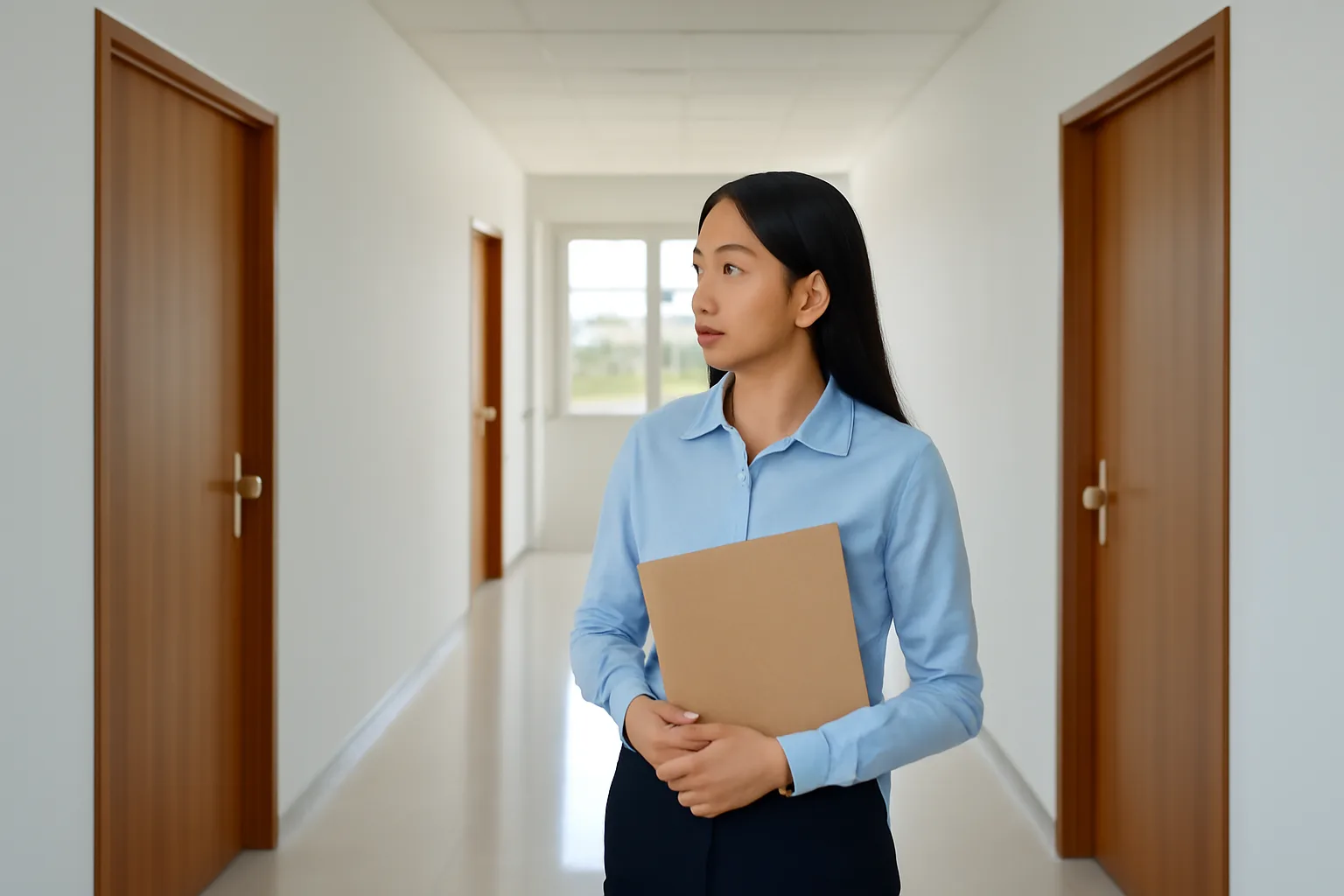Người phụ nữ đứng giữa hành lang toà nhà văn phòng nhỏ, hai bên là hai cánh cửa gỗ đóng