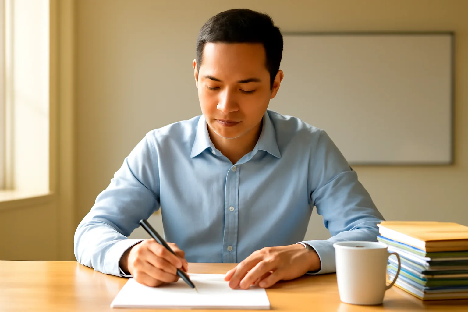 Chủ doanh nghiệp ngồi một mình bên bàn, đánh dấu vào tờ giấy trắng cạnh xấp hồ sơ sáu tháng