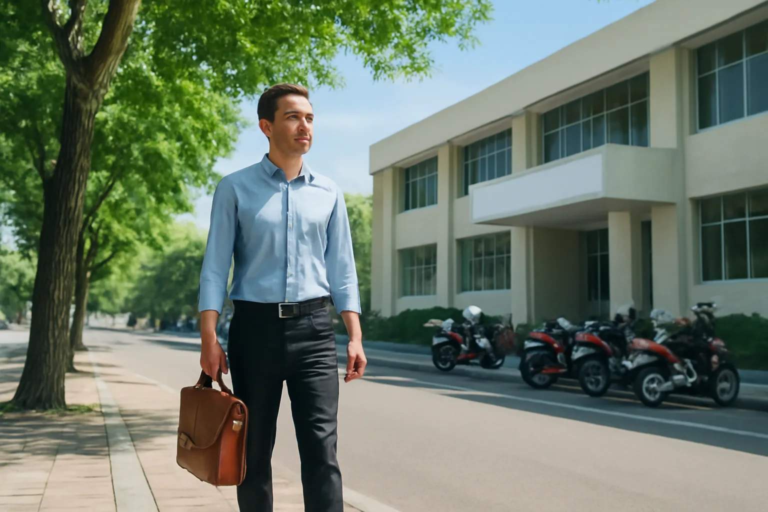 Nhân viên kế toán xách cặp tài liệu đi bộ trên vỉa hè có hàng cây về phía toà nhà công vụ