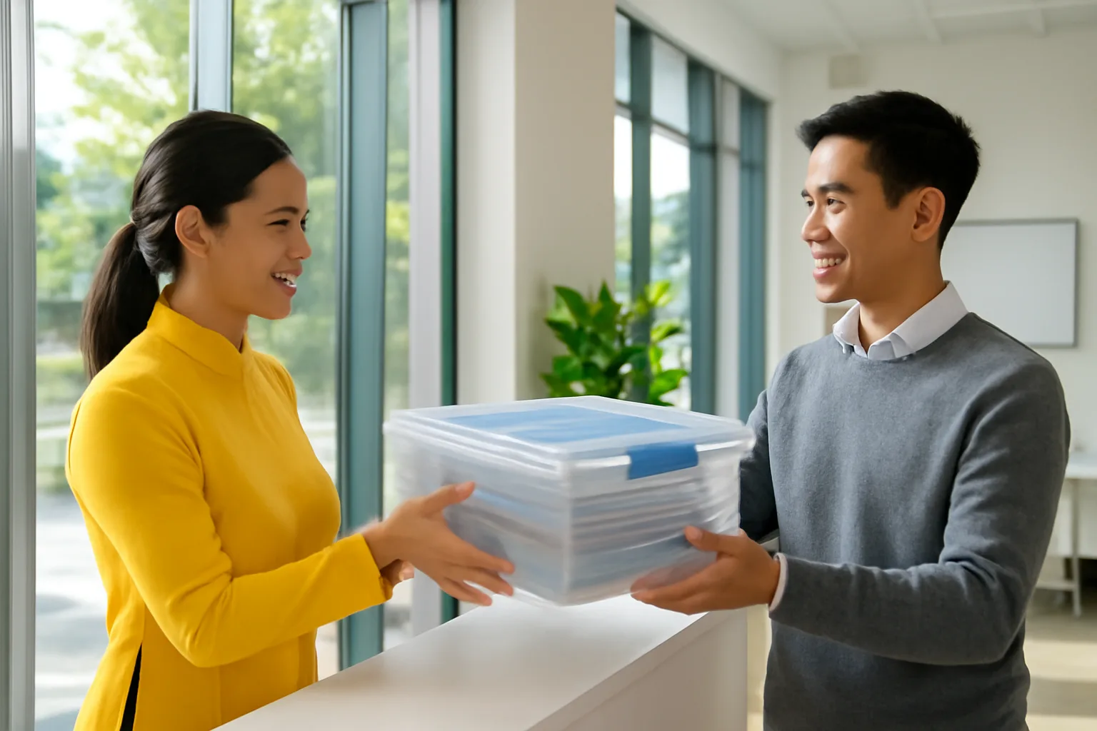 Nữ chủ doanh nghiệp bàn giao chiếc hộp đựng hồ sơ cả năm cho kế toán dịch vụ tại quầy tiếp khách