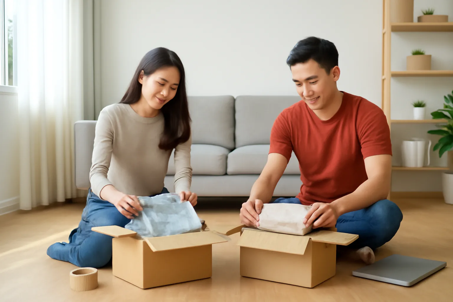 Cặp vợ chồng trẻ đóng gói đơn hàng trên sàn nhà, bên cạnh máy tính xách tay đóng và cuộn băng dính
