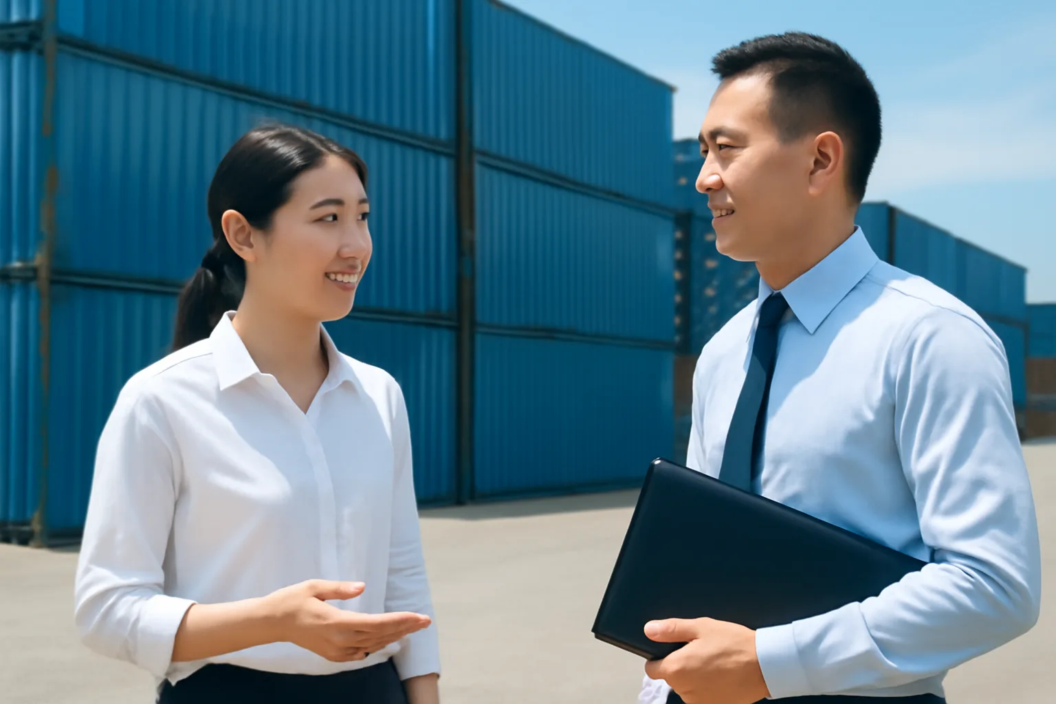 Chủ doanh nghiệp xuất khẩu trao đổi với nhân viên đại lý thuế bên cạnh bãi container