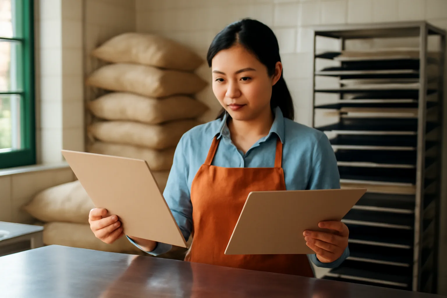 Chủ tiệm bánh so hai tập hồ sơ báo giá đặt trên quầy, phía sau là bao bột mì