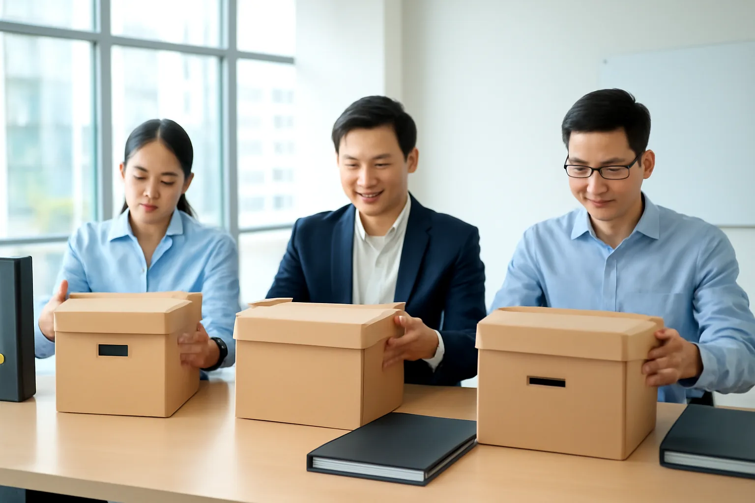 Chủ doanh nghiệp ngồi giữa hai kế toán của hai đơn vị, cùng đếm các hộp lưu trữ hồ sơ trên bàn dài