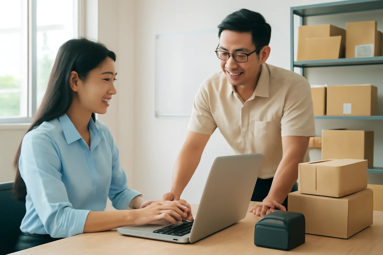 Nhân viên kế toán và quản lý cửa hàng cùng xem hai máy tính xách tay đặt cạnh nhau ở phòng làm việc phía sau