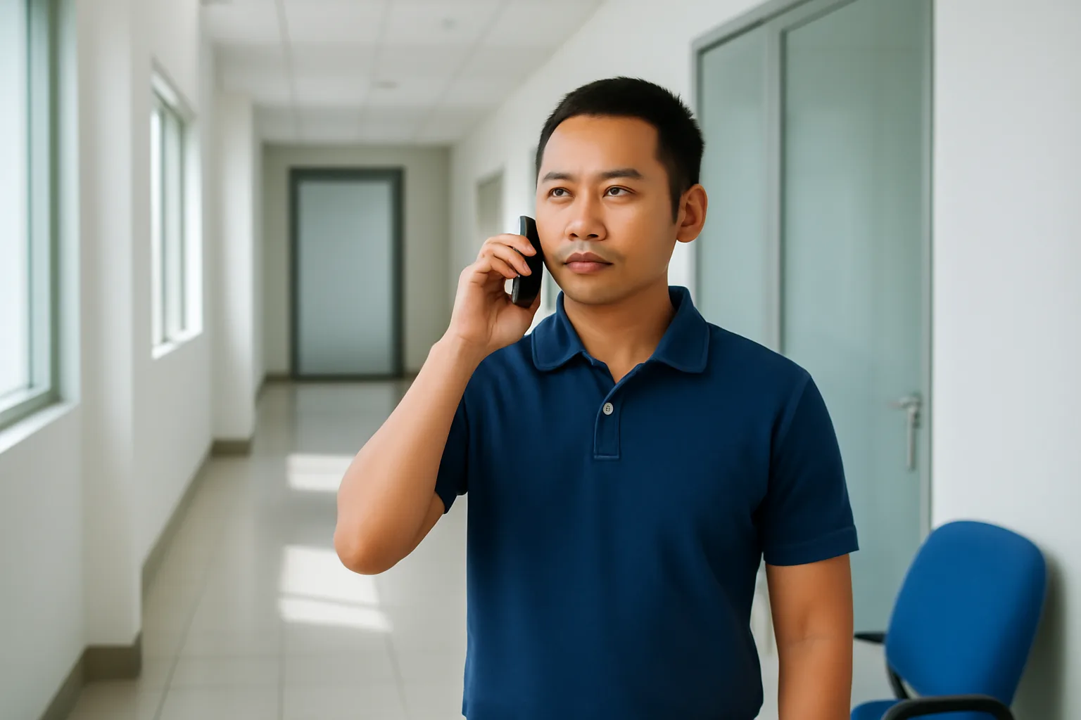Chủ doanh nghiệp đứng trước cửa văn phòng đóng kín trên hành lang toà nhà, tay cầm điện thoại