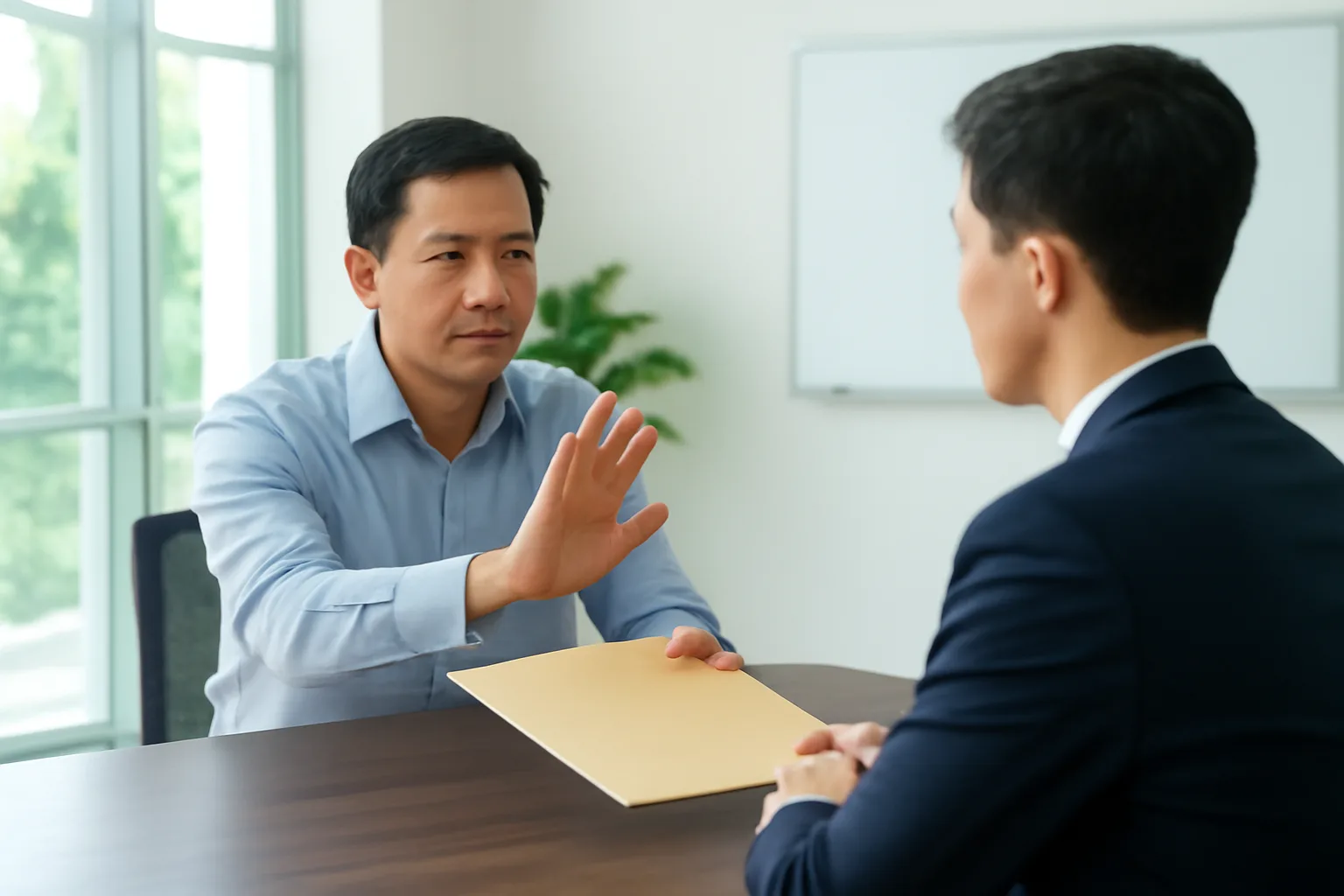 Chủ doanh nghiệp lắc đầu, đẩy tập giấy trả lại qua bàn trong buổi trao đổi với người làm dịch vụ