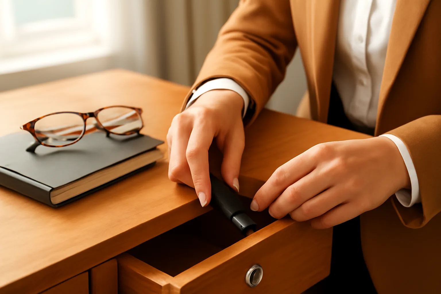 Bàn tay chủ doanh nghiệp đặt thiết bị ký số nhỏ vào ngăn kéo có khoá trong văn phòng