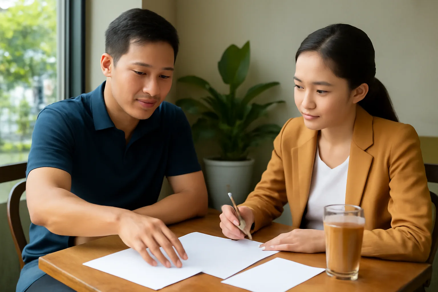 Kế toán dịch vụ trình bày kết quả rà soát trên vài tờ giấy trắng cho chủ doanh nghiệp ở quán cà phê yên tĩnh