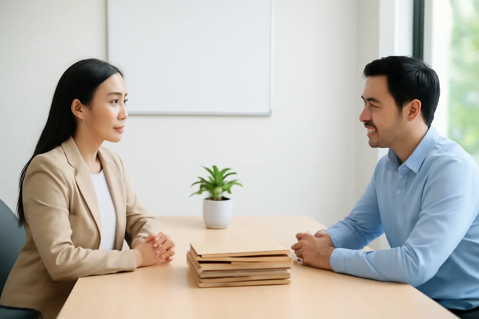 Nhân viên nhân sự và kế toán dịch vụ ngồi hai đầu bàn, giữa là xấp hồ sơ nhân viên đóng bìa