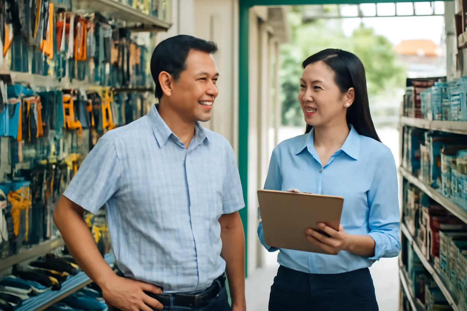 Chủ cửa hàng vật liệu trò chuyện với kế toán giữa các kệ dụng cụ trong cửa hàng