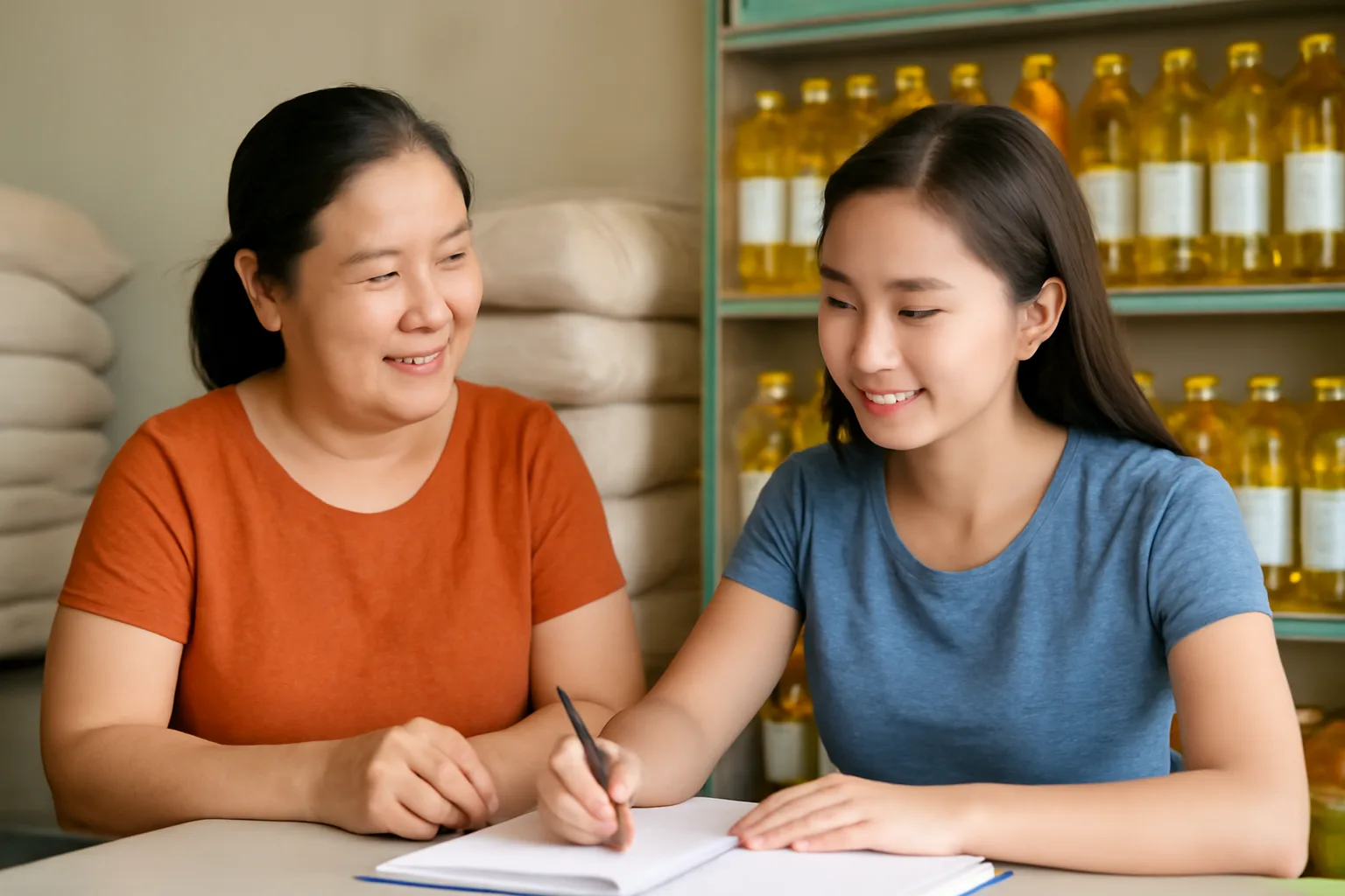 Chủ tiệm tạp hoá ngồi cùng người hỗ trợ kế toán bên quầy, cùng xem cuốn sổ ghi chép