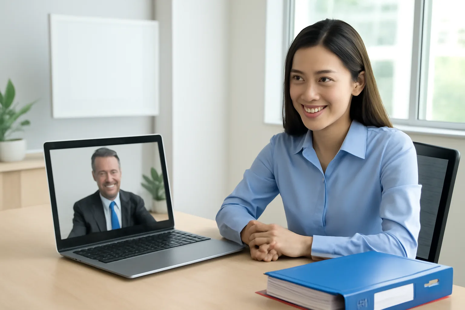 Nhà đầu tư nước ngoài và kế toán người Việt trao đổi qua cuộc gọi video trong văn phòng nhỏ