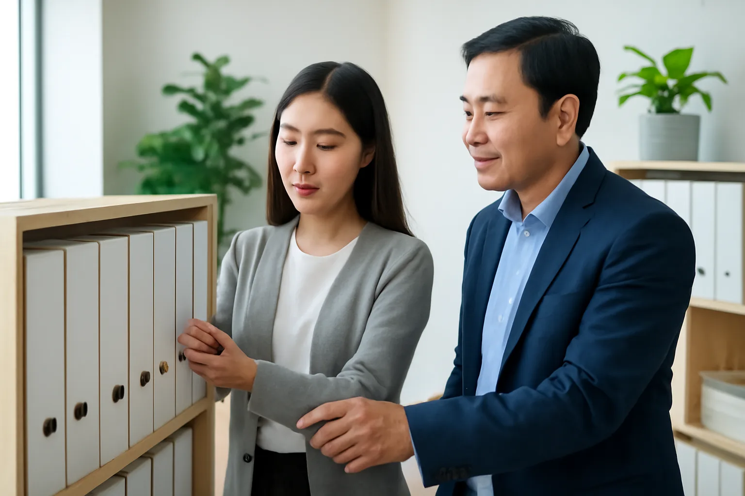 Kế toán sắp nghỉ việc và giám đốc cùng kiểm lại thùng hồ sơ trước khi bàn giao