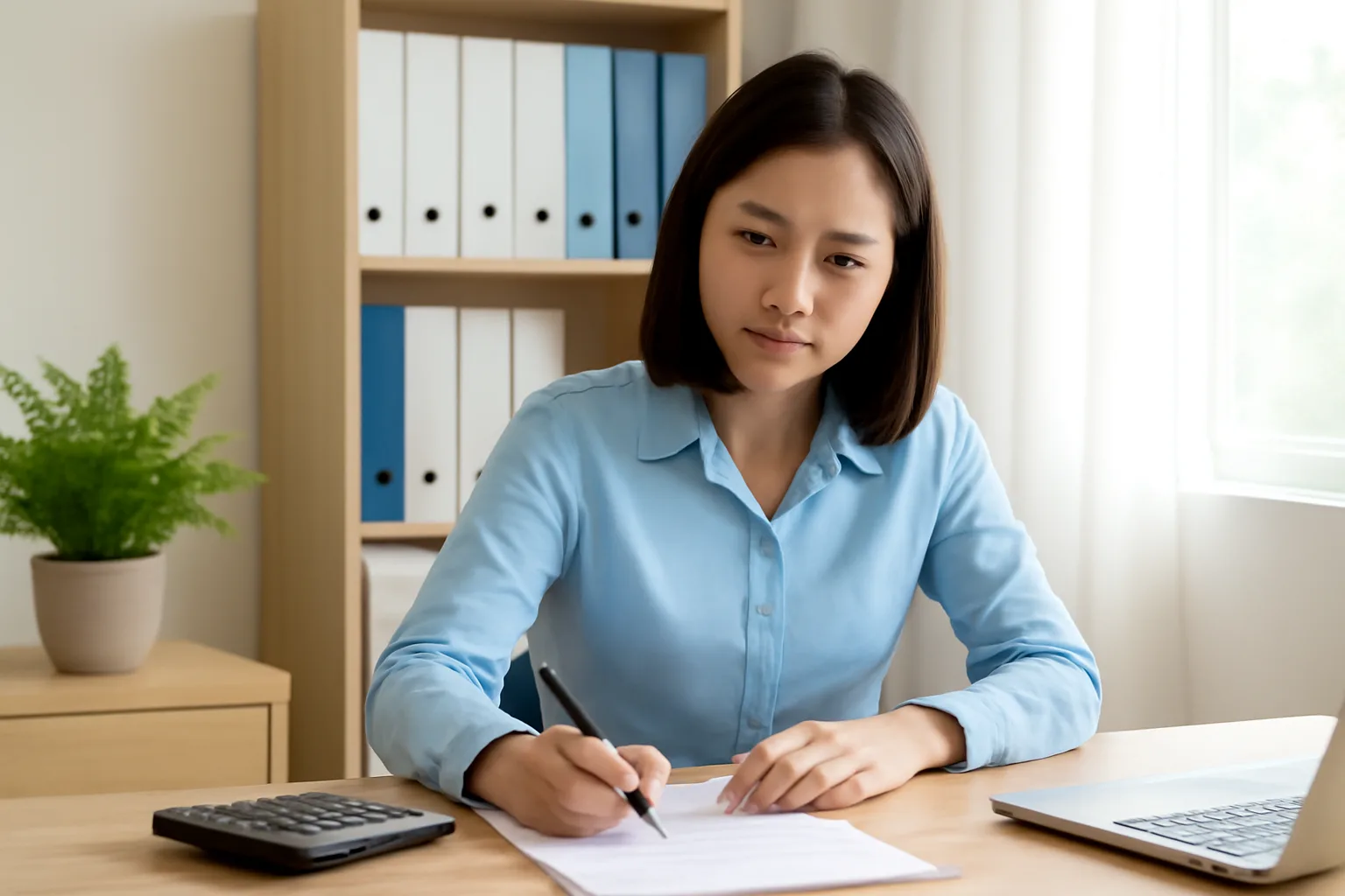 Nữ kế toán viên làm việc độc lập ngồi bên bàn làm việc tại nhà, cạnh kệ sách và cặp hồ sơ