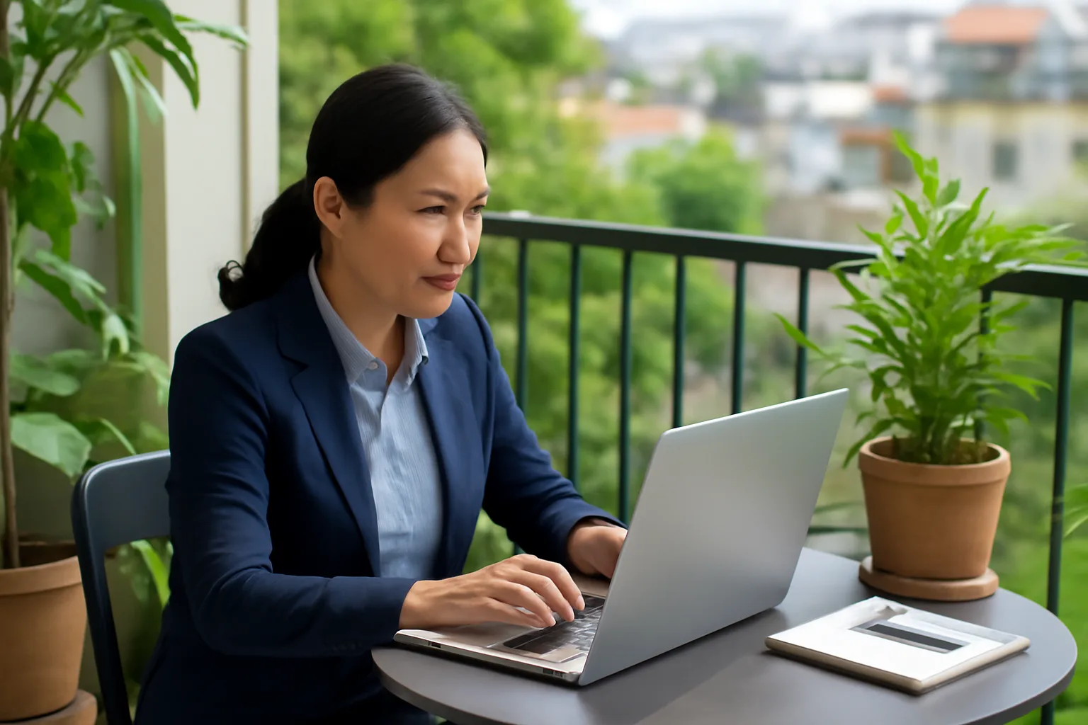 Nữ chủ doanh nghiệp ngồi ngoài ban công tra cứu trên máy tính xách tay, bên cạnh là sổ tay và bút