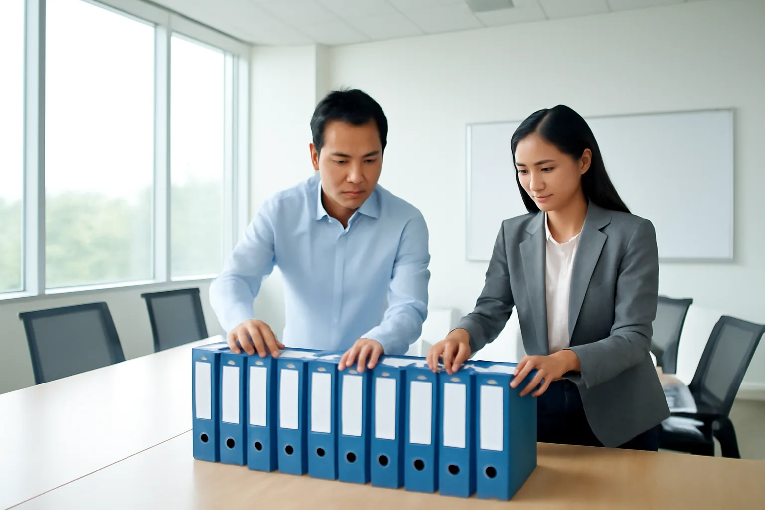 Giám đốc công ty và người tư vấn thuế xếp các cặp hồ sơ lên bàn họp trước buổi làm việc