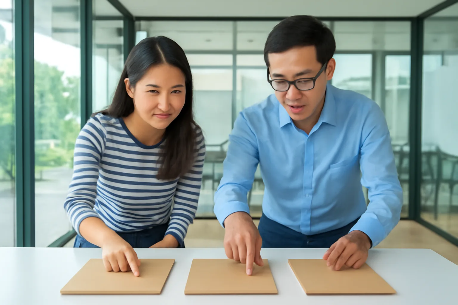 Hai người đồng sáng lập chấm điểm ba bộ hồ sơ báo giá đặt cạnh nhau trên bàn họp