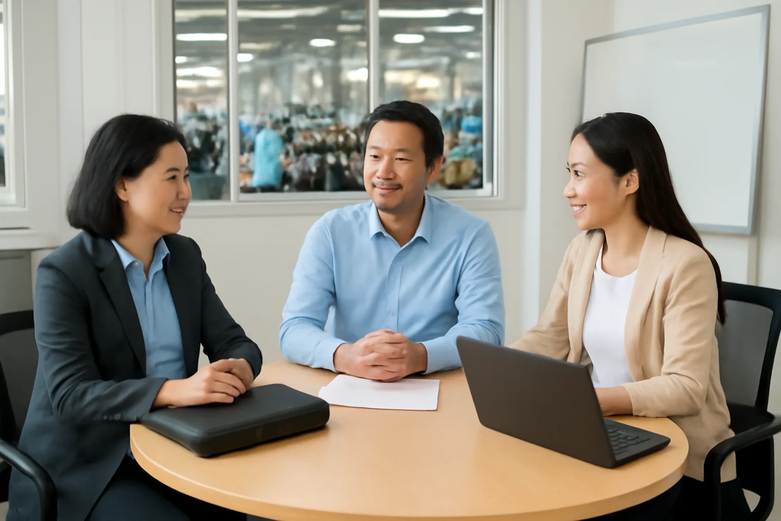 Kế toán trưởng thuê ngoài ngồi cùng giám đốc và nhân viên kế toán nội bộ trong buổi họp tháng