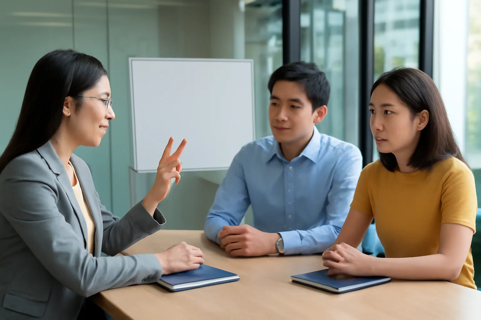 Hai người đồng sáng lập ngồi trao đổi với chuyên viên thuế trong phòng họp nhỏ buổi chiều