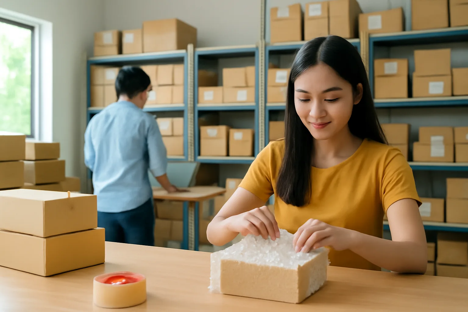 Nhân viên kho đóng gói đơn hàng bên cạnh kệ hàng, cạnh đó là chủ doanh nghiệp xem máy tính xách tay