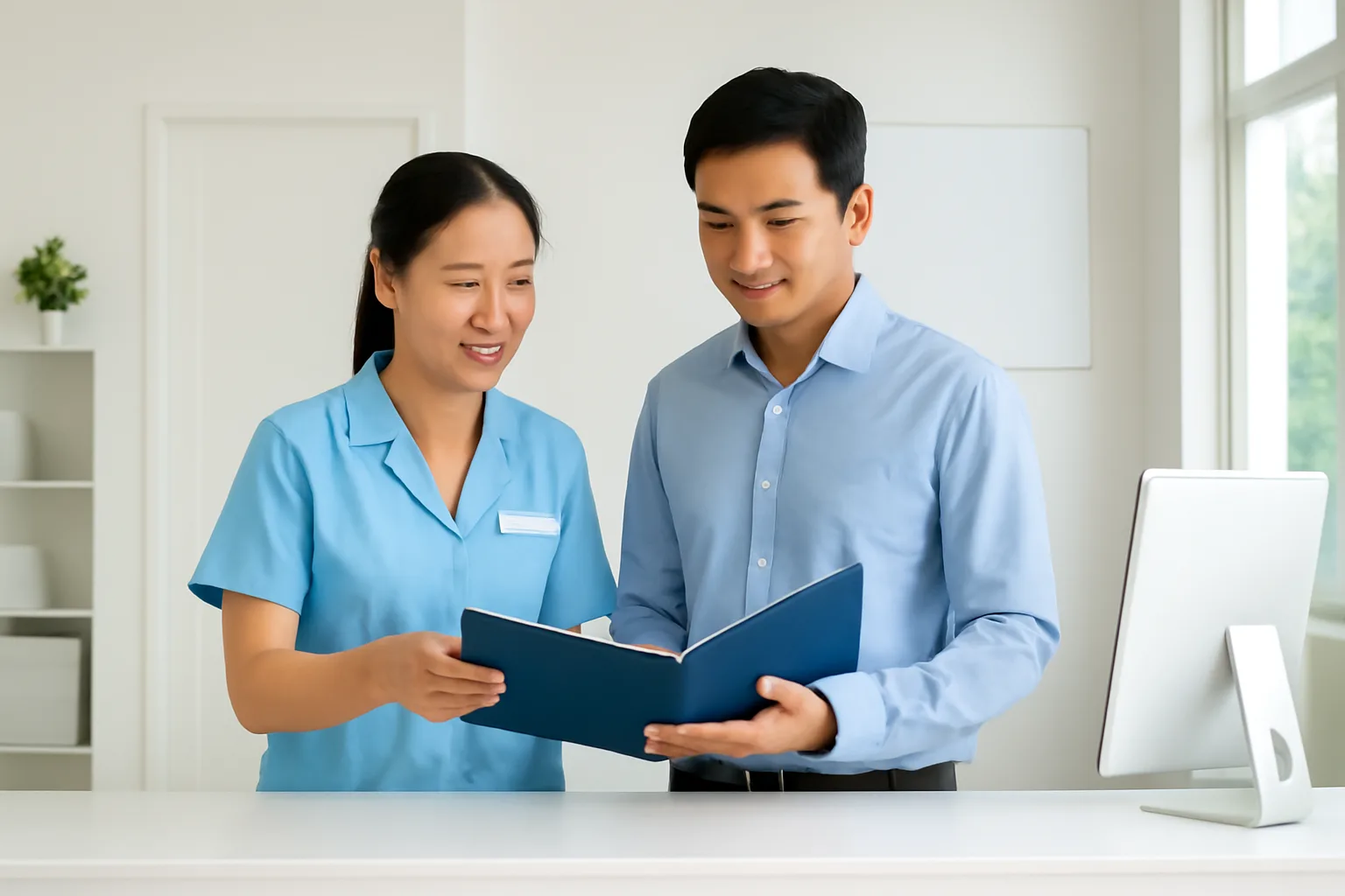 Quản lý phòng khám và kế toán rà lại danh sách ca trực bên quầy tiếp đón vắng khách buổi trưa