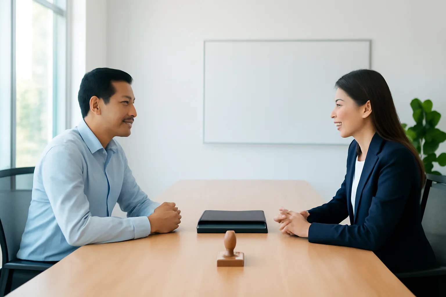 Chủ doanh nghiệp và trưởng nhóm kế toán dịch vụ ngồi đối diện trong phòng họp, giữa bàn là con dấu và tập hồ sơ