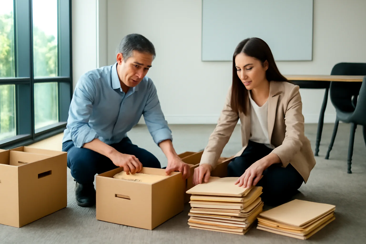 Chủ doanh nghiệp và nhân viên đại lý thuế phân loại những thùng hồ sơ cũ trong phòng họp nhỏ