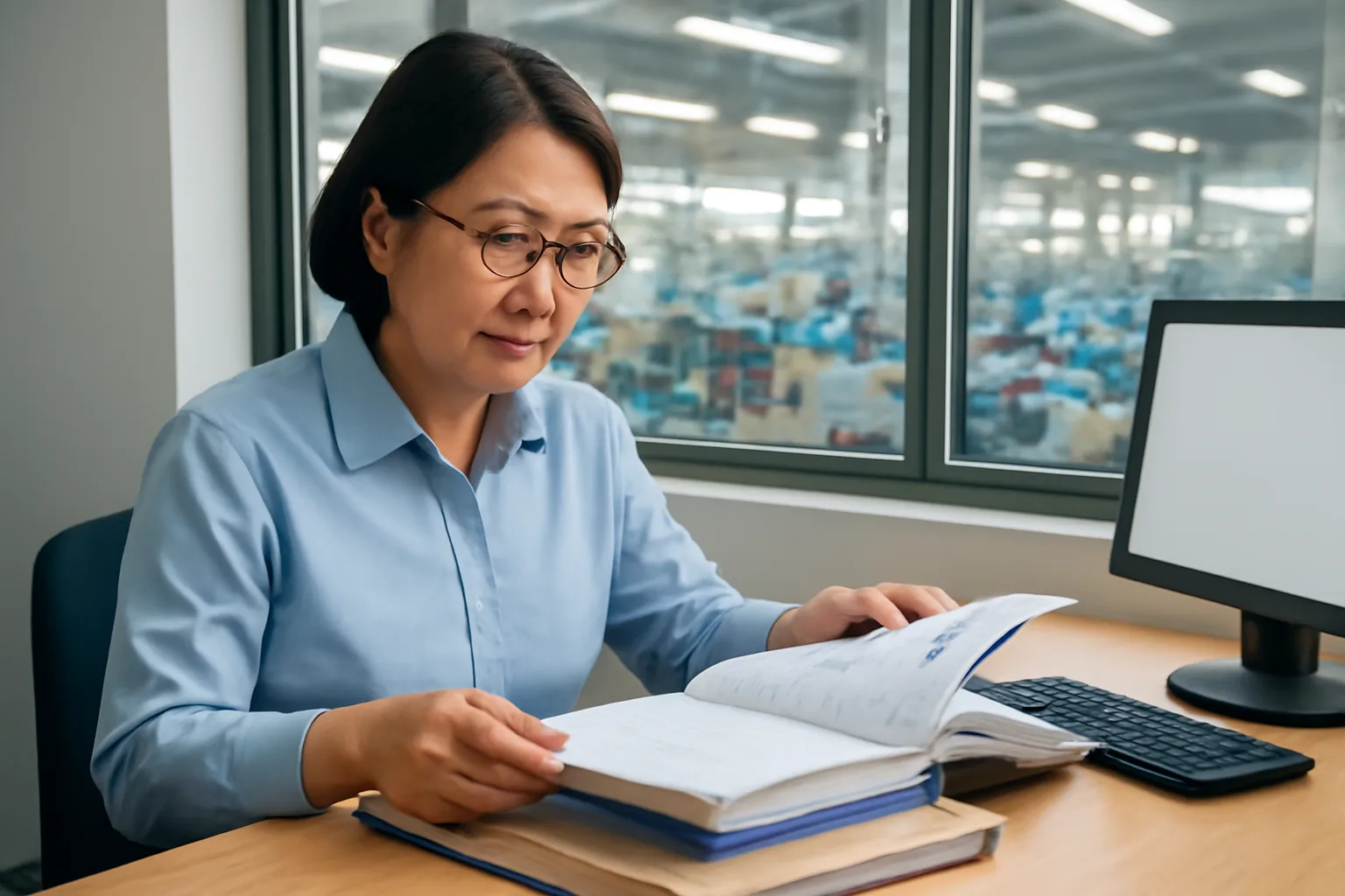 Nữ kế toán lớn tuổi đeo kính rà sổ sách đóng tập trong văn phòng nhà xưởng, cửa sổ nhìn ra khu sản xuất