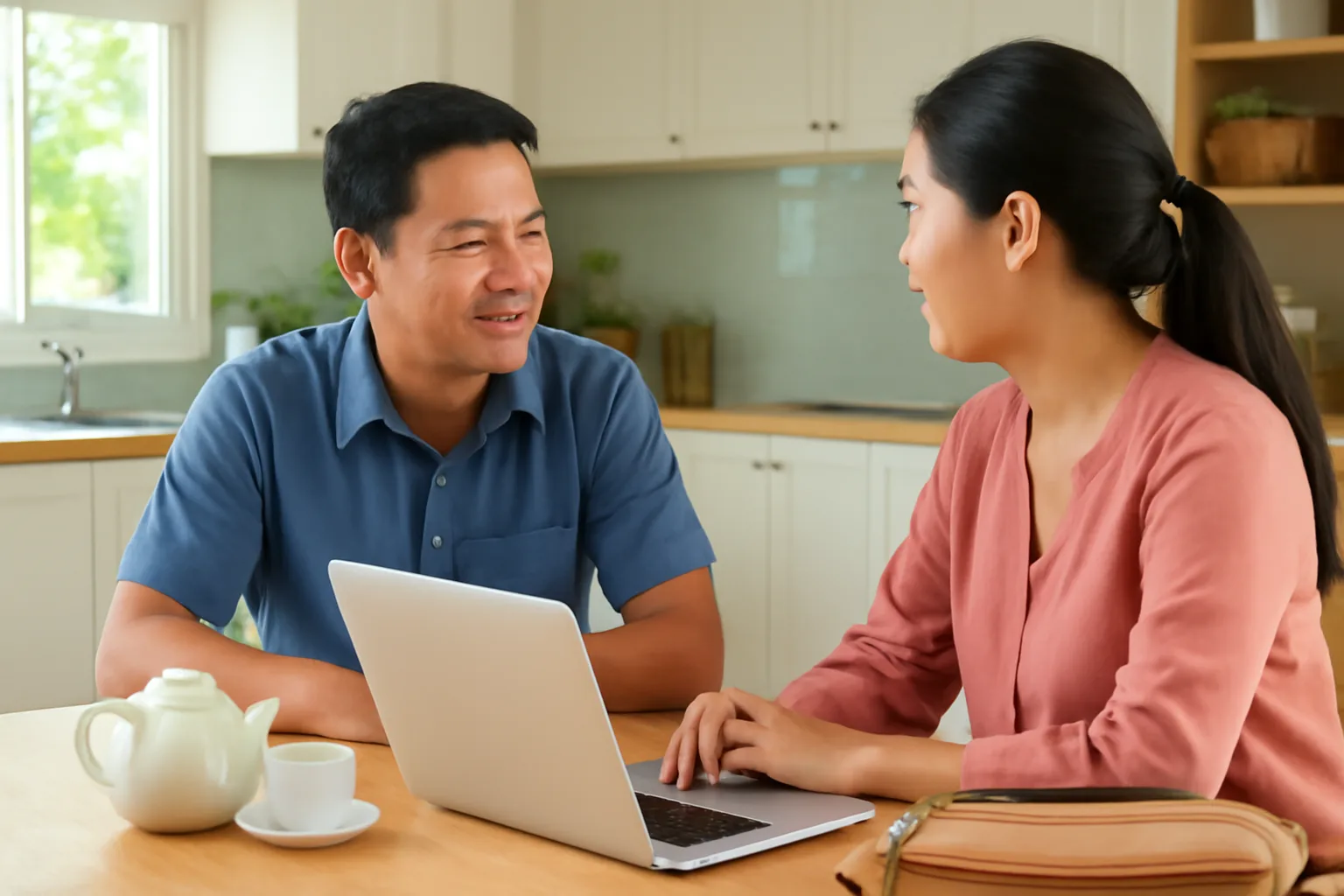 Chủ cửa hàng nói chuyện với kế toán làm tự do tại bàn bếp nhà, laptop và túi hồ sơ trên bàn