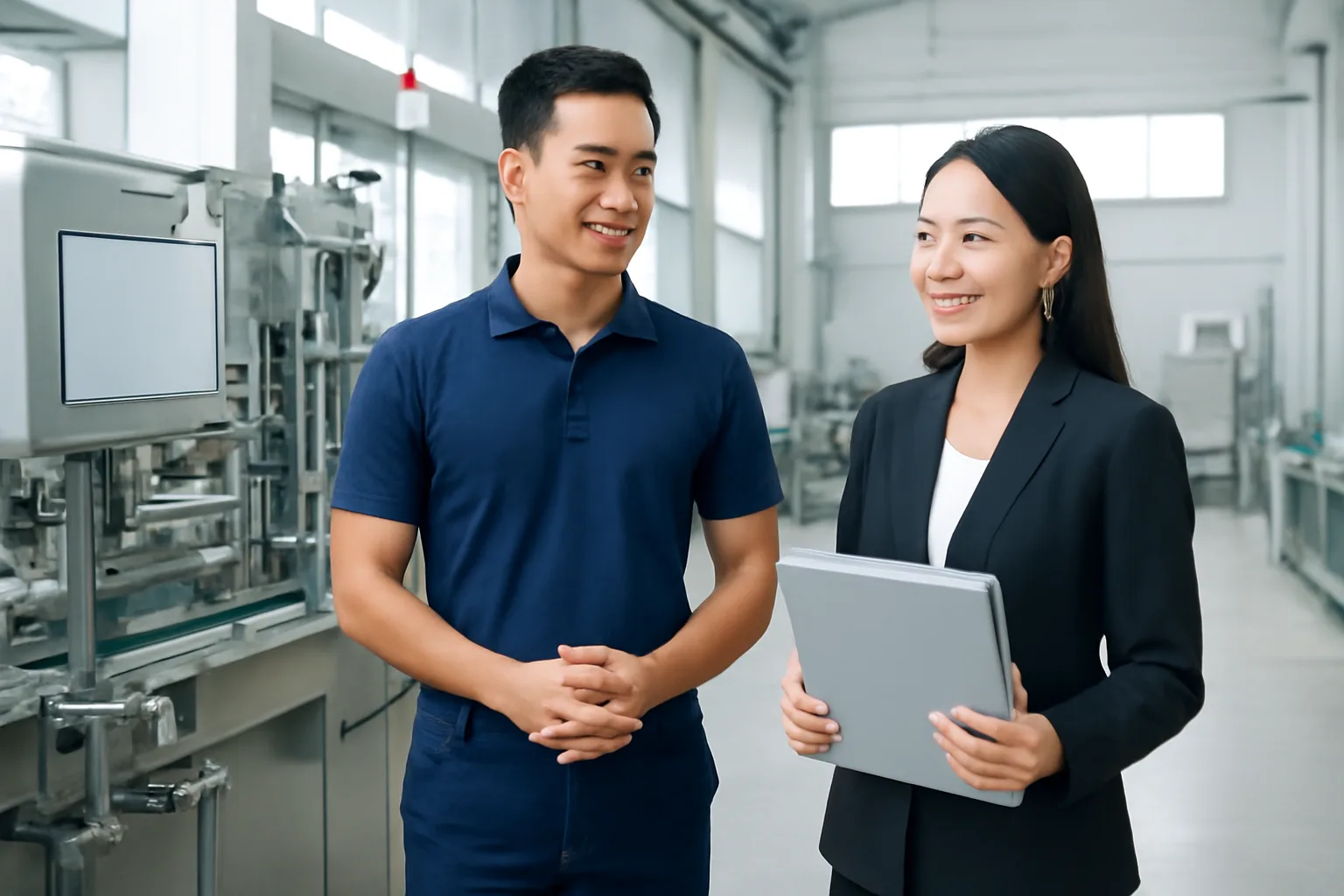 Chủ xưởng và người làm hồ sơ thuế đứng cạnh dây chuyền máy mới lắp trong nhà xưởng